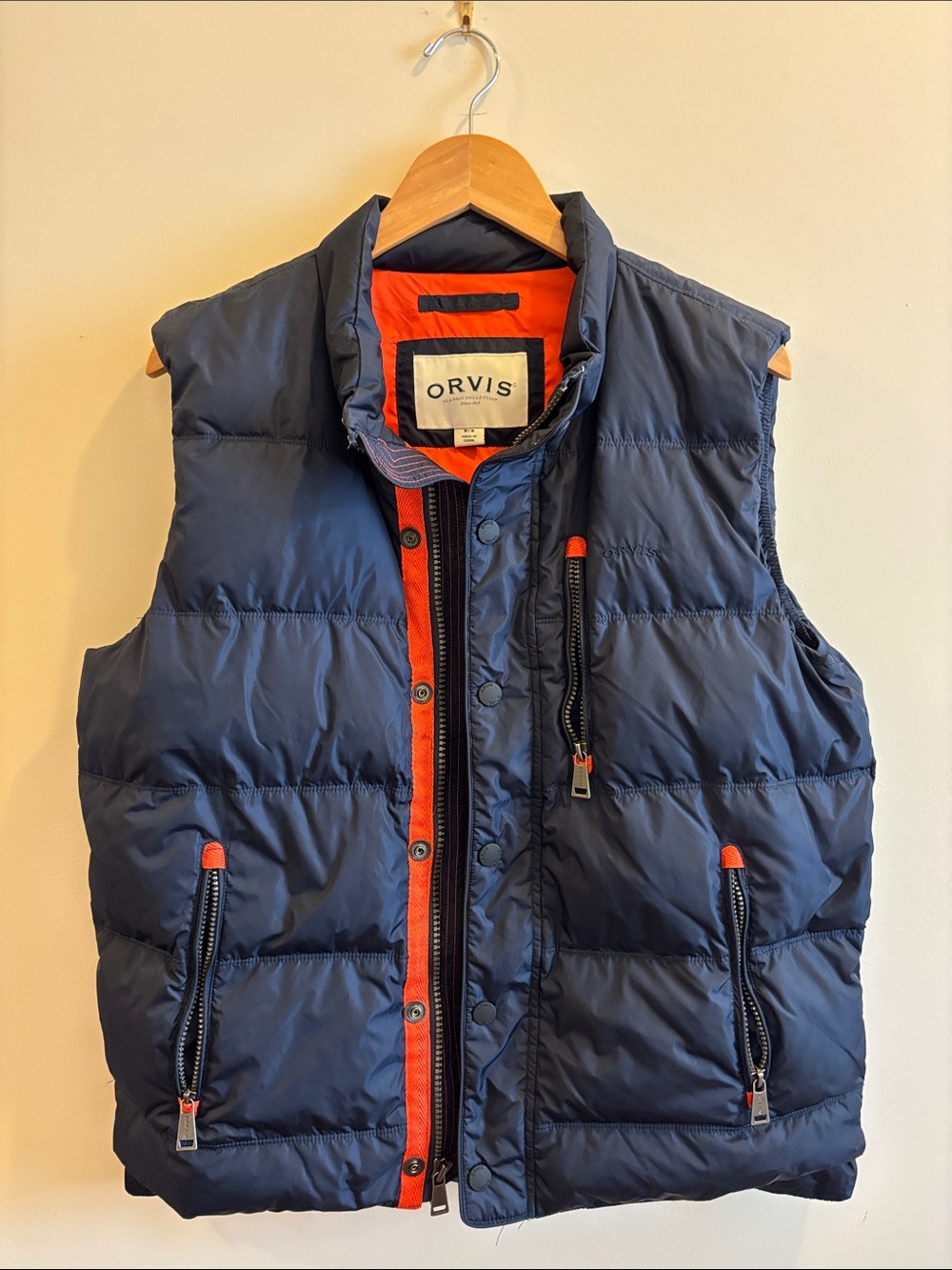 Orvis Navy Puffer Vest with Orange Accents